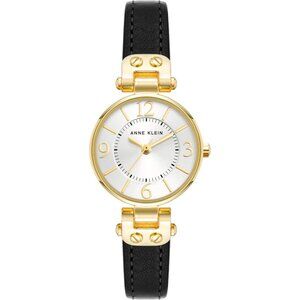 Women's Black/Gold Tone Domed Mineral Crystal Lens Leather Strap Closure Watch